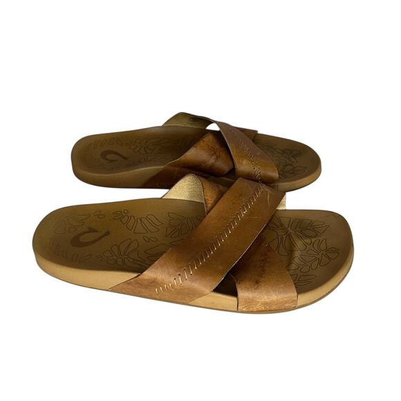 Olukai Kīpe‘a ‘Olu Women’s Leather Floral Foot Slide Sandals Size 9 - Picture 3 of 11